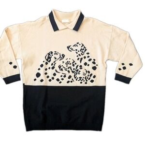 VTG ESCADA margaretha ley L/XL Collared Sweater Cream & Black Dalmation Jacquard